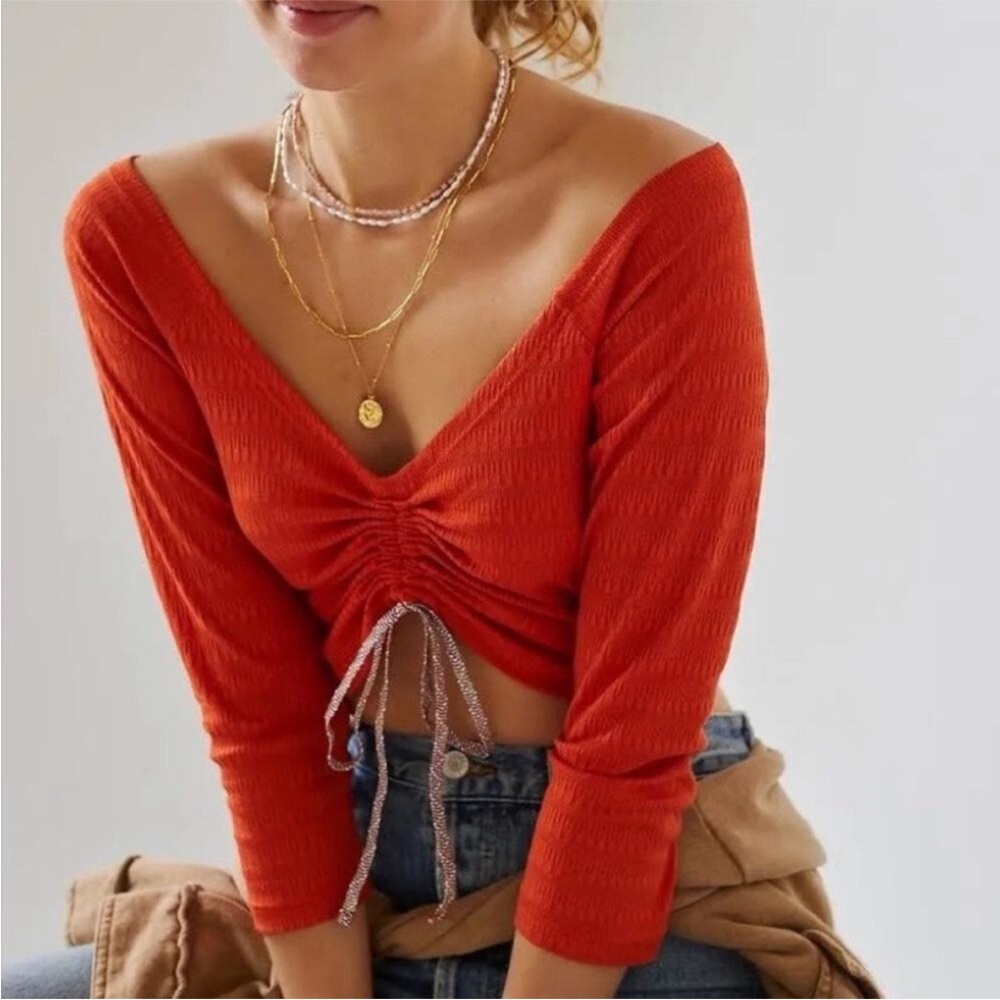 Anthropologie Orange Red Ruched V-Neck Crop Top